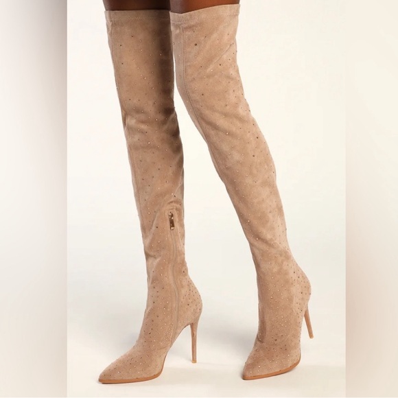 NWT Glamur Light Nude Suede Rhinestone Over-the-Knee Stiletto Boots - Picture 2 of 8